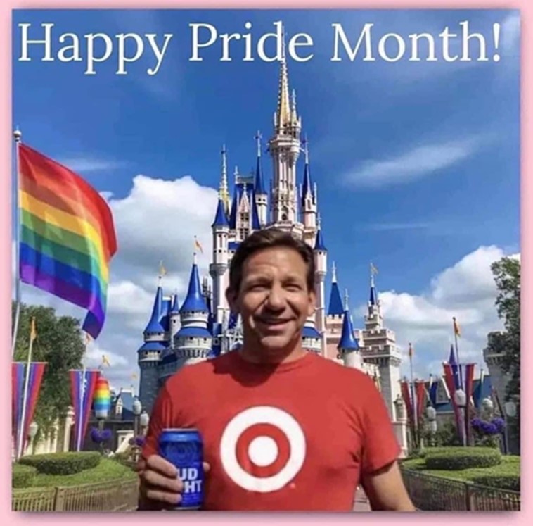 Ron DeSantis standing in front of a Disney castle with Pride flag, can of Bud Light and Target t-shirt