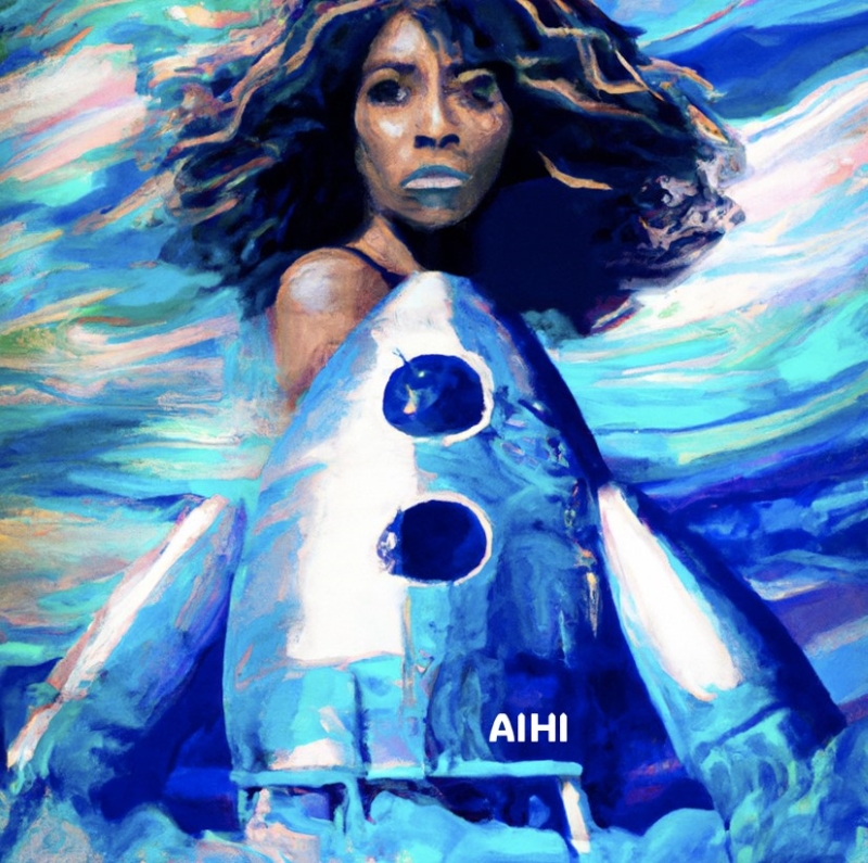 DALL-E image of Tina Turner on the AIHI Rocketship, 2023