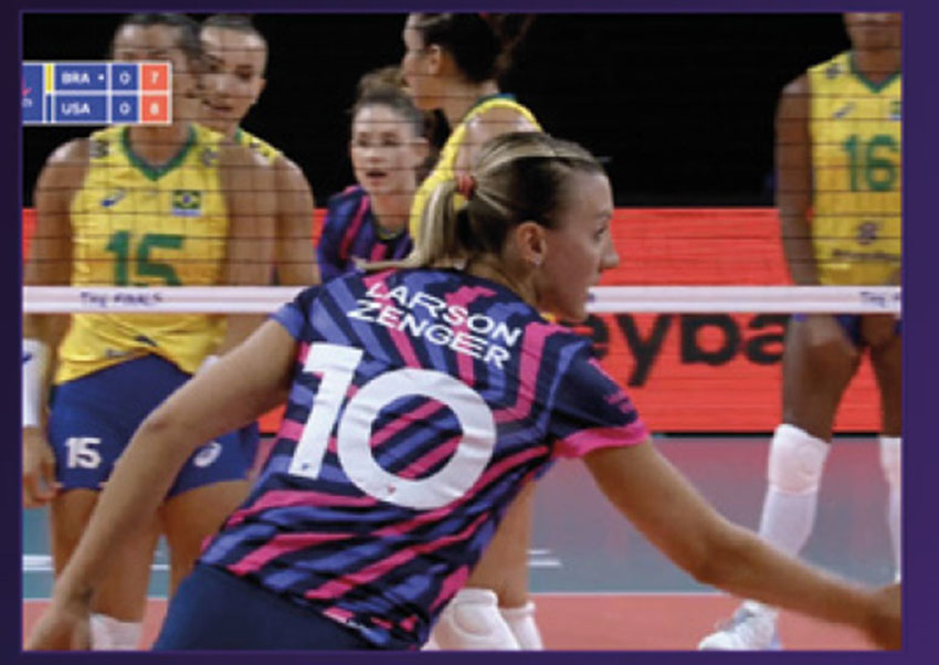 Female volleyball player wearing on of Volleyball Global's unique jerseys during a game
