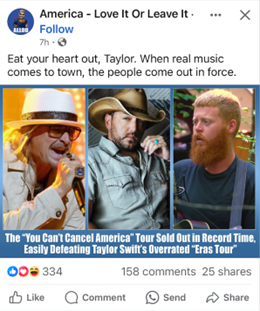 Facebook post captioned 'Eat your heart out, Taylor. When real music comes to town, the people come out in force.'