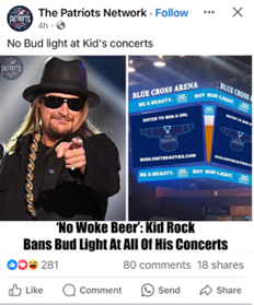 Facebook post reading 'No Woke Beer: Kid Rock Bans Bud Light At All Of His Concerts'