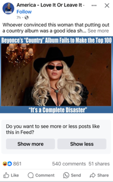 Facebook post reading 'Beyonce's 